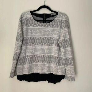 Pleione Blouse Women’s Large White Black Knit Long Sleeve Zip Back Top